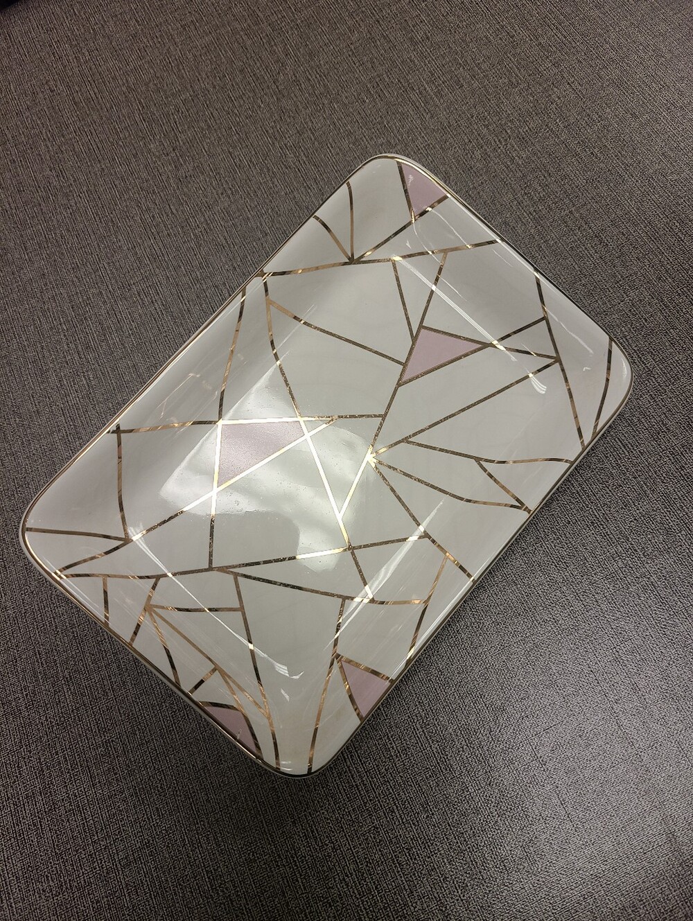 Summer & Rose Geometric Gold-Trim Ceramic Tray with Soft Pink Accents